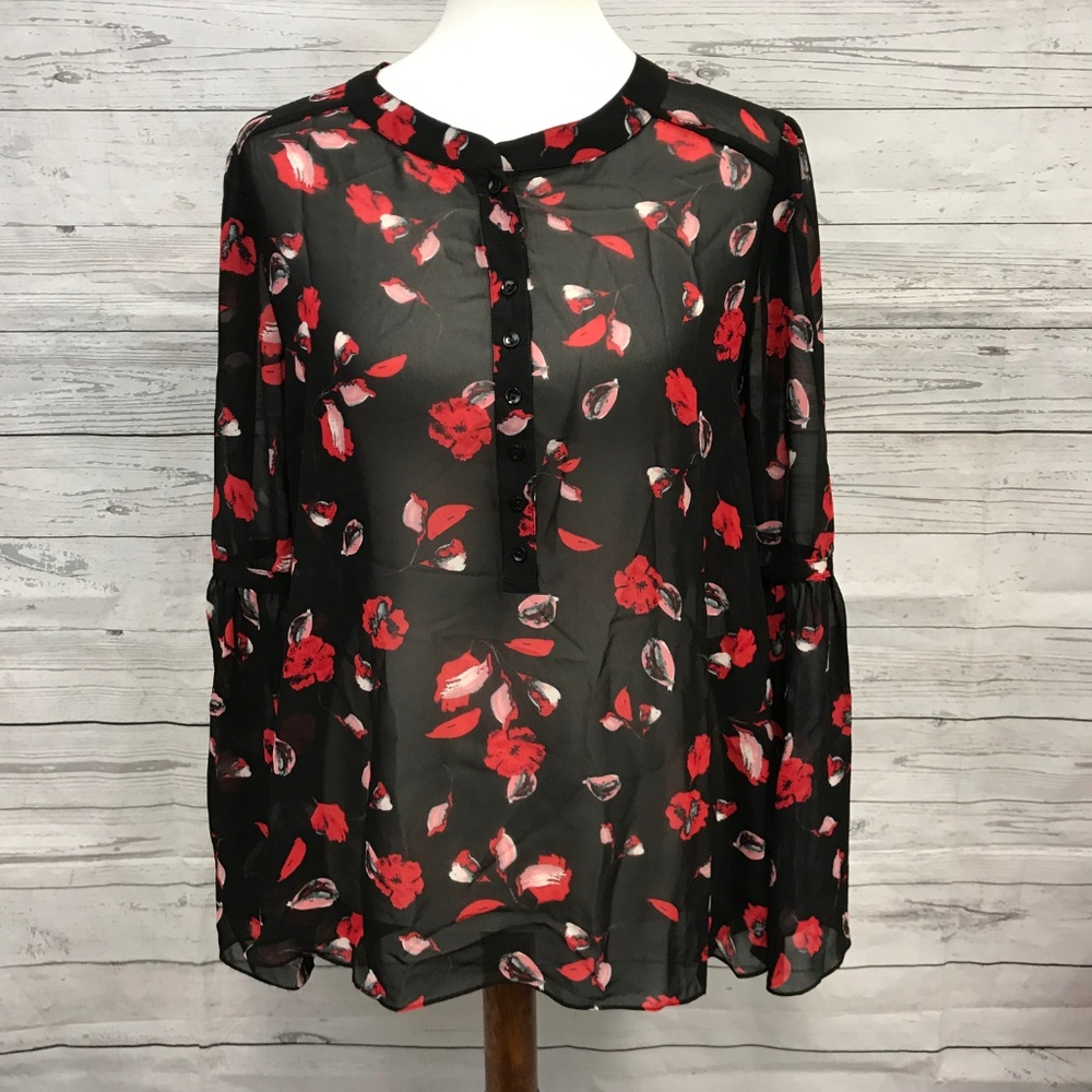 Kensie Black Red Floral Blouse Size L NWOT